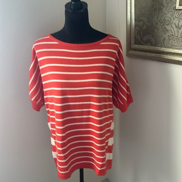 Chaus New York striped coral orange ivory short sleeves cotton sweater Sz L - Picture 1 of 5